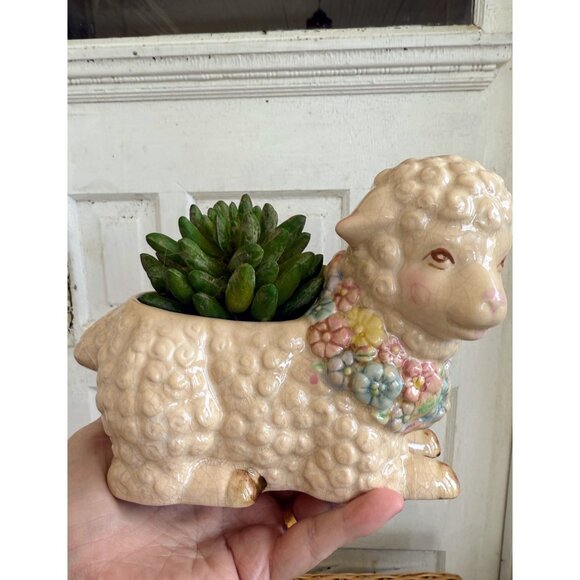 Vintage 60's Planter Pot Cute Sheep With Flower Collar Retro Kitsch - Picture 2 of 7